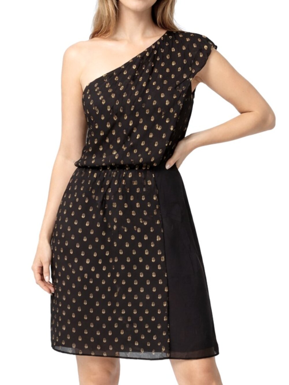 Greylin Black Gold Silk Blend One Shoulder Dress L Dark Romantic